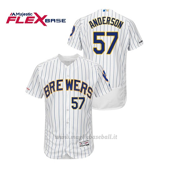 Maglia Baseball Uomo Milwaukee Brewers Chase Anderson 150th Aniversario Patch Autentico Flex Base Bianco Blu